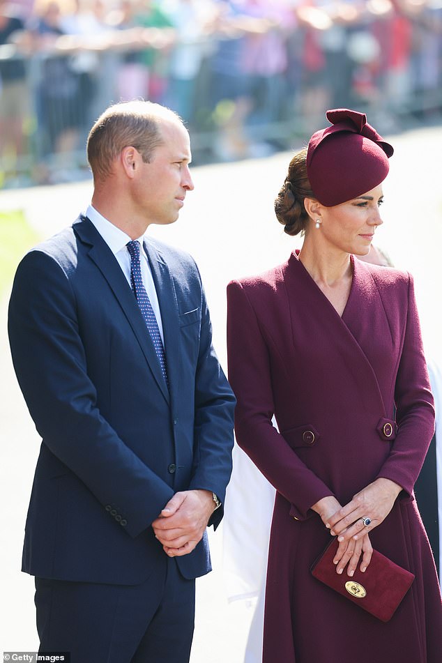 The Princess of Wales, 41, paired the diamond and pearl earrings with a burgundy coat from London-based designer Eponine for the church service at St Davids Cathedral in Pembrokeshire.