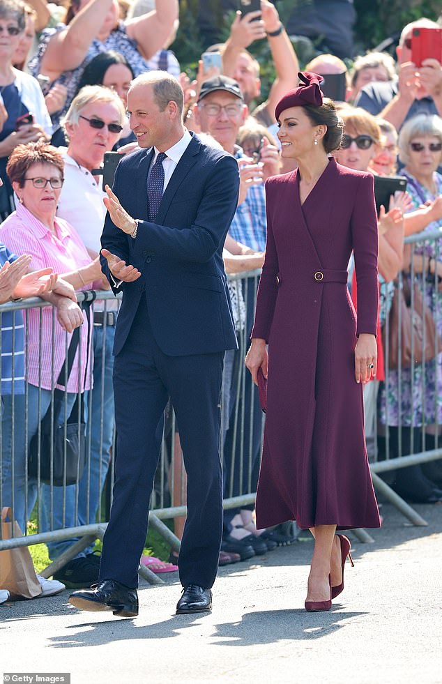 Prince William, Prince of Wales and Catherine, Princess of Wales arrive at St. David's Cathedral to commemorate the life of Her Majesty Queen Elizabeth II