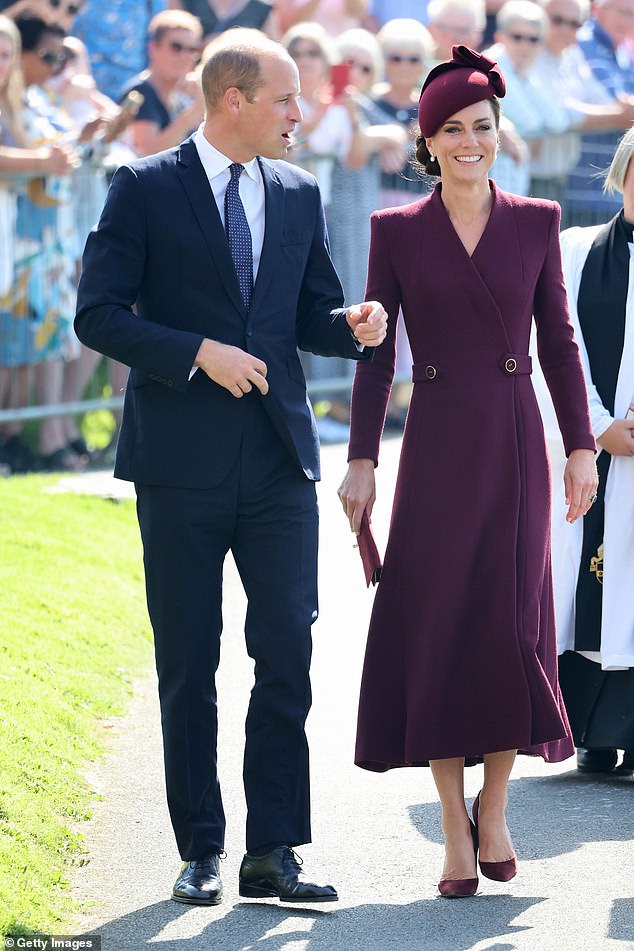 Prince William, Prince of Wales and Catherine, Princess of Wales arrive at St. David's Cathedral to commemorate the life of Her Majesty Queen Elizabeth II