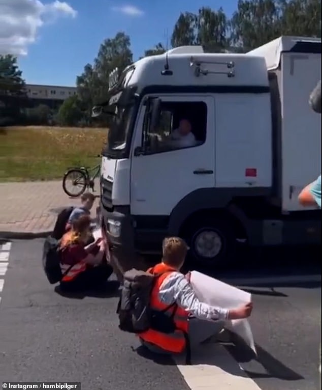 The truck plowed through the protesters, knocking one back before the driver stopped