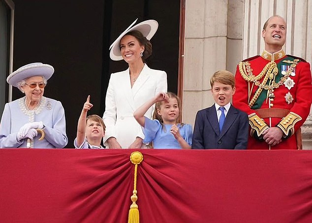 The royal couple posted a number of images of the late monarch to their Instagram page today, including this one in honor of the platinum anniversary on the balcony of Buckingham Palace (pictured)