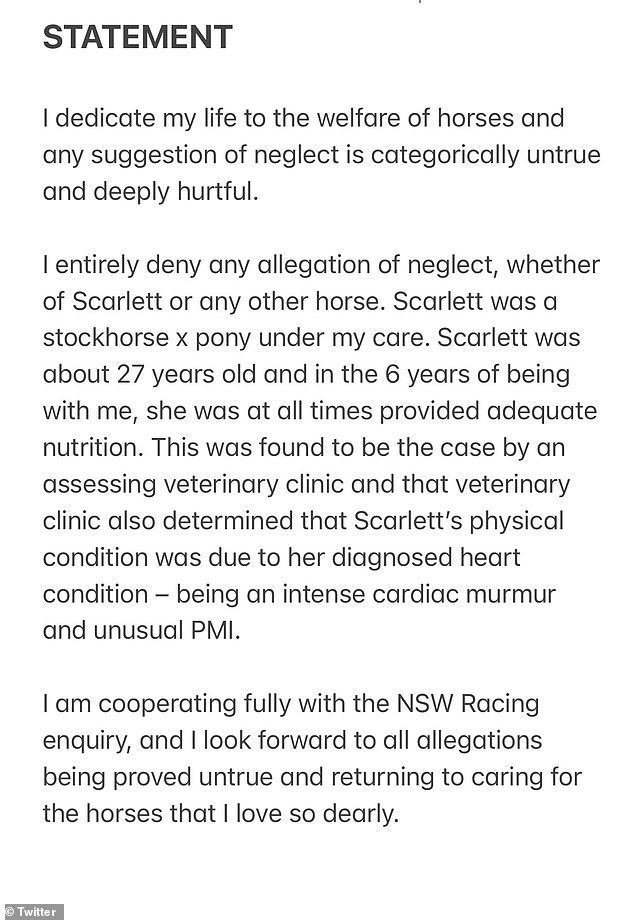 Marston had previously pleaded her innocence in a statement to X on June 10 (pictured), and has since pledged not to work with NSW Racing in the future