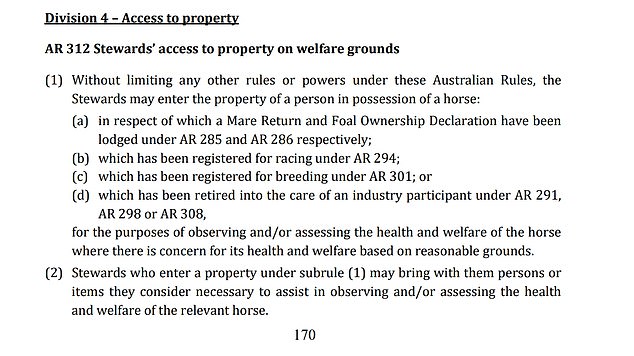 The Racing NSW rules show that stewards can access a property for welfare reasons