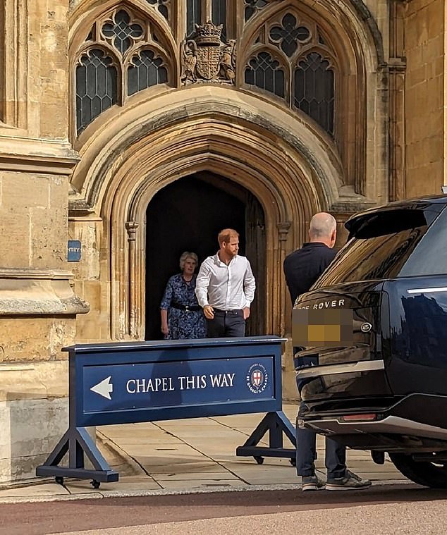 Prince Harry leaves St George's Chapel in Windsor today to mark the first anniversary of the Queen's death.  Her Majesty is buried there next to her beloved husband Prince Philip