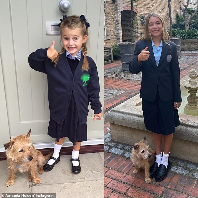 Sweet: Earlier this week, the actress shared a throwback photo of Hollie giving a thumbs up in her school uniform next to their beloved dog Rudie