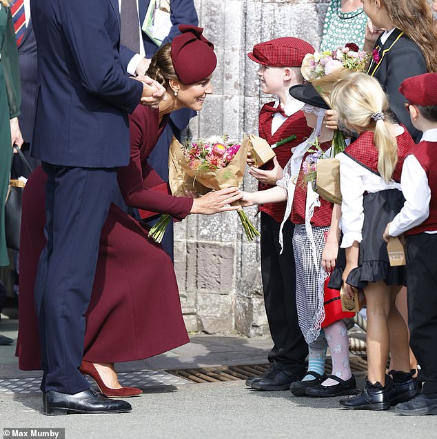 The Prince and Princess of Wales will receive flowers from children after the service in Wales today