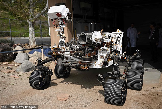 A full-scale test model of the Perseverance rover currently on Mars is shown during a press conference for the Mars Sample Return mission in the Mars Yard at NASA's Jet Propulsion Laboratory (JPL) in Pasadena, California on April 11, 2023