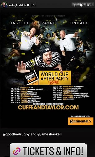 He then shared a promotional poster for the World Cup After Party tour - which he hosts with his podcast The Good, the Bad and the Rugby