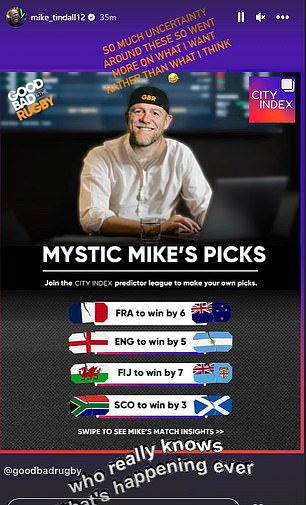 Finally, he posted another promotion for his podcast, describing himself as 'Mystic Mike' and predicting scores for the upcoming Rugby World Cup