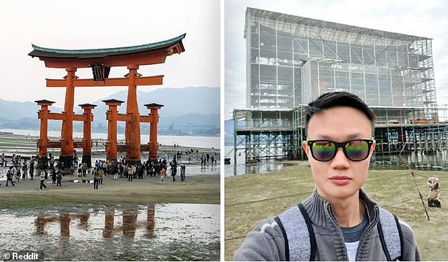 This man was disappointed when he visited the Torii Gate in Hiroshima, Japan, only to discover that there was scaffolding surrounding it