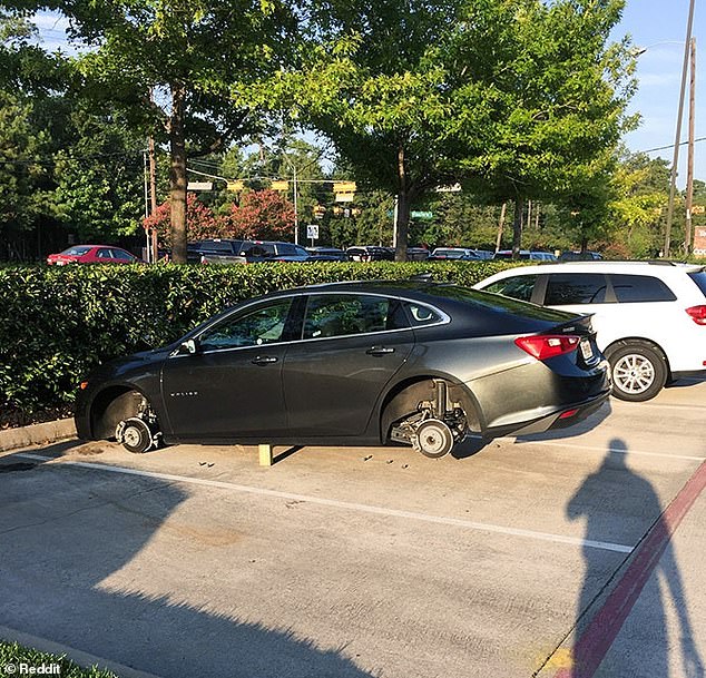 Pit stop anyone?  This Texas vacationer was shocked when they returned to their car to find the tires had been stolen