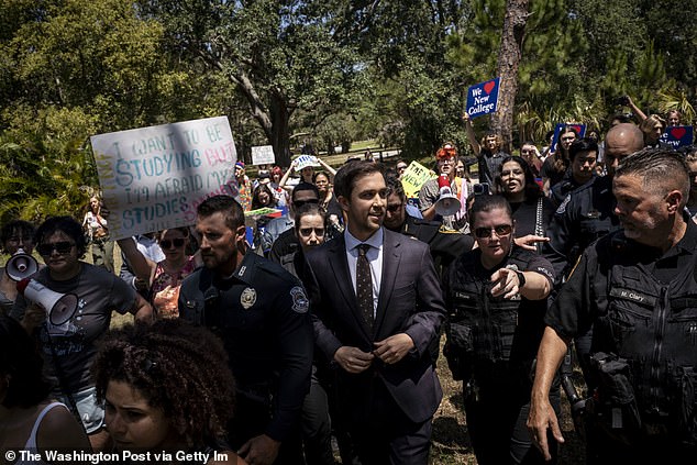 Rufo's attack on diversity programs as a trustee of New College sparked student protests on the Florida campus - pictured here in May 2023