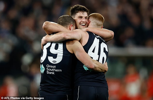 Ecstatic Carlton players celebrate huge finals victory after the Blue Baggers made the post-season for the first time in a decade