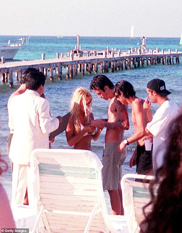 Linked!  After meeting in person four days earlier, Pamela Anderson and Tommy Lee were married on February 19, 1995, on the beach in Cancun, Mexico, as fans watched nearby