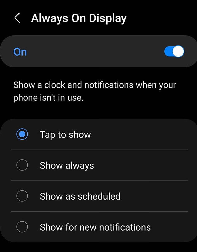 To enable a proper Always-on display, select 'Always Show' (Samsung/Rob Waugh)