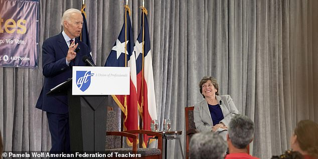 Weingarten watches as Biden addresses a 2019 AFT event.  The pair have been friends for decades