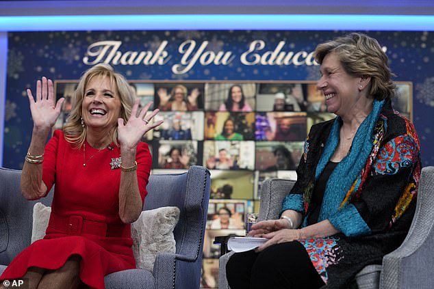 Jill Biden is seen with Randi Weingarten in December 2022.  She welcomed Weingarten to the White House on her husband's first day in office