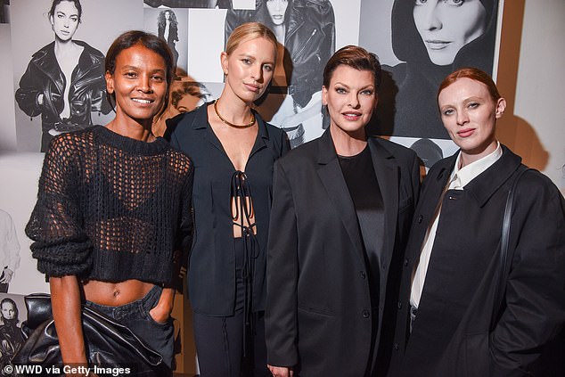 Special evening: At one point Linda and Karolina stopped for a photo with fellow models Liya Kebede and also Karen Elson