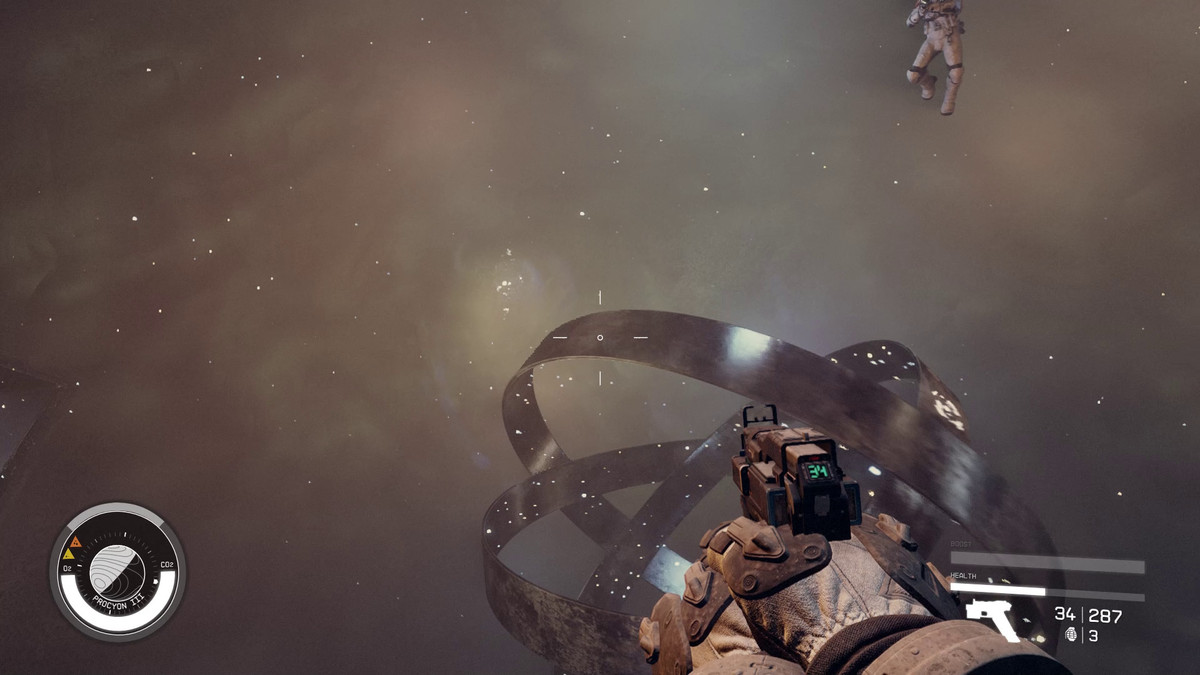 The player floats around some rings in Starfield and looks at a glowing orb