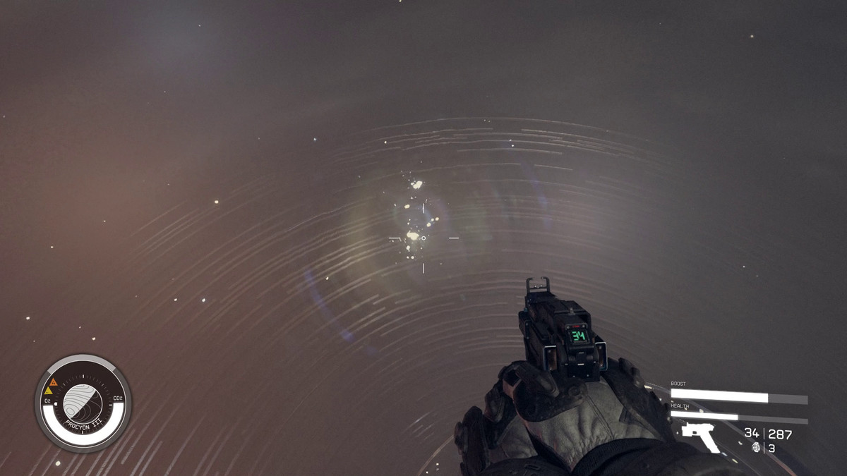 The player floats to an orb in Starfield