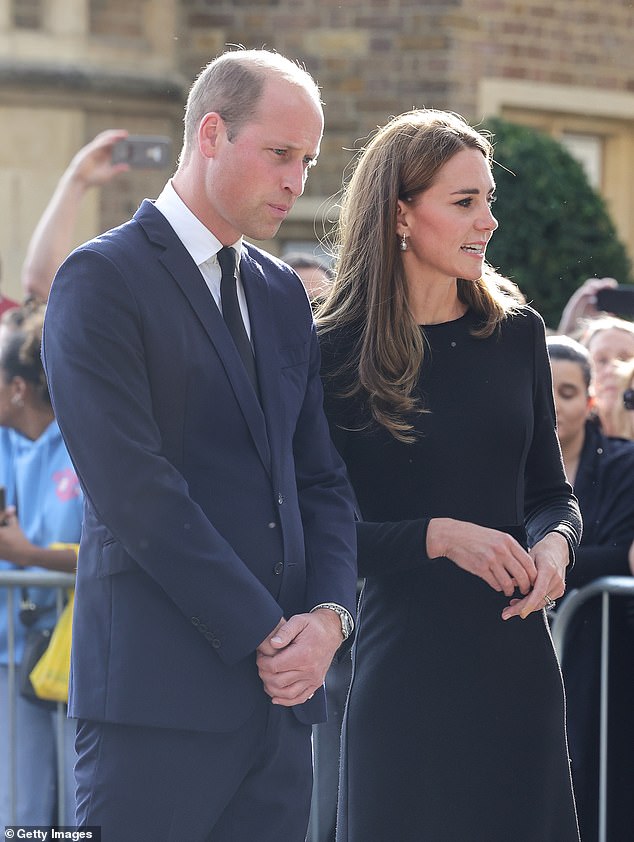 Kate and William's appearance with Harry and Meghan to greet well-wishers and view the flowers outside the gates of Windsor Castle came two days after the Queen's death at the age of 96 last September