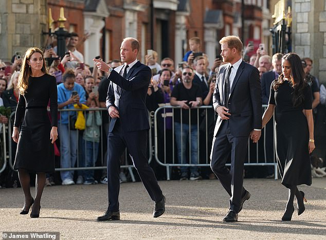 The two couples, who had not been officially seen together since March 2020, appeared to keep their distance from each other (photo L-R: The Princess and Prince of Wales, and the Duke and Duchess of Sussex)