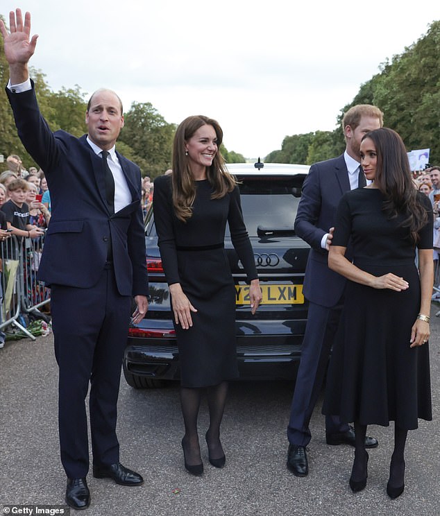 After speaking to the crowd, the couples headed to their separate vehicles.  At one point the two duchesses appeared to avoid eye contact (pictured)