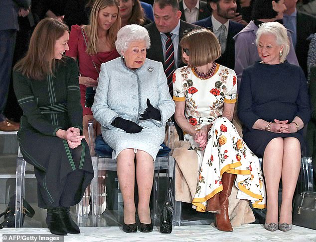 Palace sources say Ms Kelly often sat with the Queen, making her laugh and telling Her Majesty about the latest plot twists from television soap operas.  From left to right Caroline Rush, the Queen, Anna Wintour and Angela Kelly in 2018