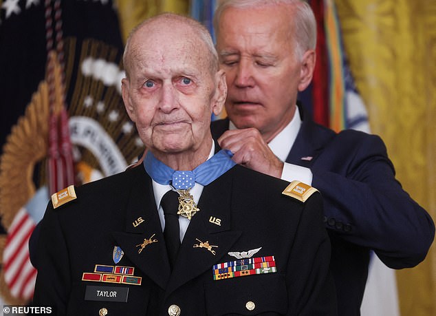 Biden also had his mask removed Tuesday during a Medal of Honor ceremony for fellow octogenarian and Vietnam veteran Larry L. Taylor.  Biden then walked through the audience 