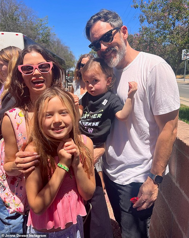 Blended family: Everly has followed in her parents' footsteps as she pursues her hobby of Irish dancing;  Pictured with Jenna, Steve and younger brother Callum