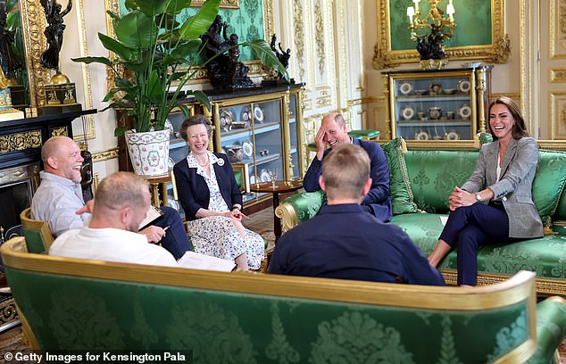 Mike Tindall, Princess Anne, Princess Royal, Prince William, Prince of Wales and Catherine, Princess of Wales attend the recording of a special episode of the podcast The Good, The Bad and The Rugby, in the Green Drawing Room at Windsor Castle, on September 6