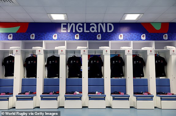 MARSEILLE, FRANCE - SEPTEMBER 09: A general view of the match shirts in the England dressing room ahead of the Rugby World Cup France 2023 match between England and Argentina at Stade Velodrome on September 9, 2023 in Marseille, France.  (Photo by Michael Steele - World Rugby/World Rugby via Getty Images)