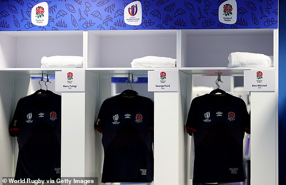 MARSEILLE, FRANCE - SEPTEMBER 09: A general view of the match shirts of England's Manu Tuilagi, George Ford and Alex Mitchell in the England dressing room ahead of the Rugby World Cup France 2023 match between England and Argentina at Stade Velodrome on September 9, 2023 in Marseilles, France.  (Photo by Michael Steele - World Rugby/World Rugby via Getty Images)