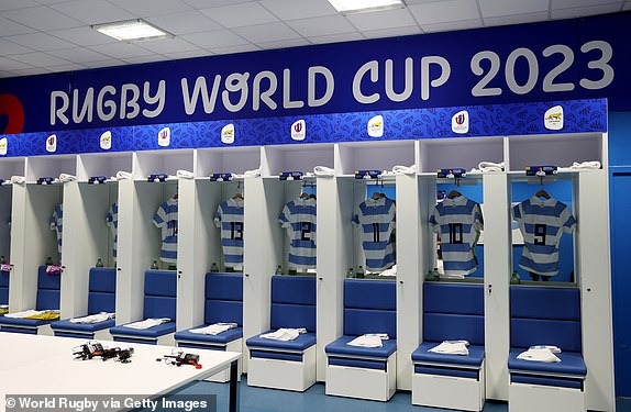 MARSEILLE, FRANCE - SEPTEMBER 09: A general view of Argentina's match shirts in the Argentina dressing room ahead of the Rugby World Cup France 2023 match between England and Argentina at Stade Velodrome on September 9, 2023 in Marseille, France.  (Photo by Michael Steele - World Rugby/World Rugby via Getty Images)