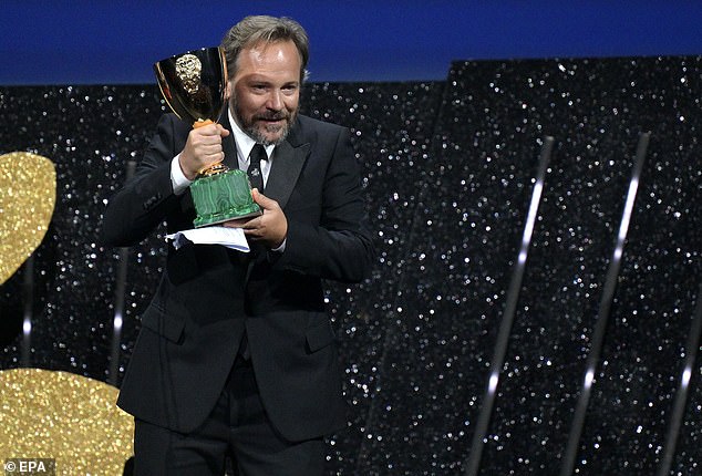 Performance: Peter, 52, was later seen taking to the stage as he accepted the Best Actor award for his new film Memory