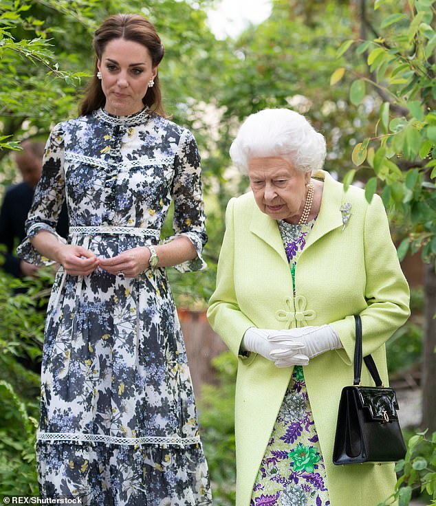 The label is by designer Sahar Freemantle, a researcher at the Queen Elizabeth Scholarship Trust.  The charity supports the training of talented and ambitious artisans.  Pictured: Kate and the late Queen in May 2019