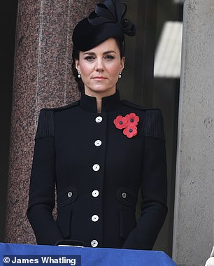 Kate has previously worn the earrings to pay tribute to Her Majesty, including at a Remembrance Sunday service in 2020 (pictured)