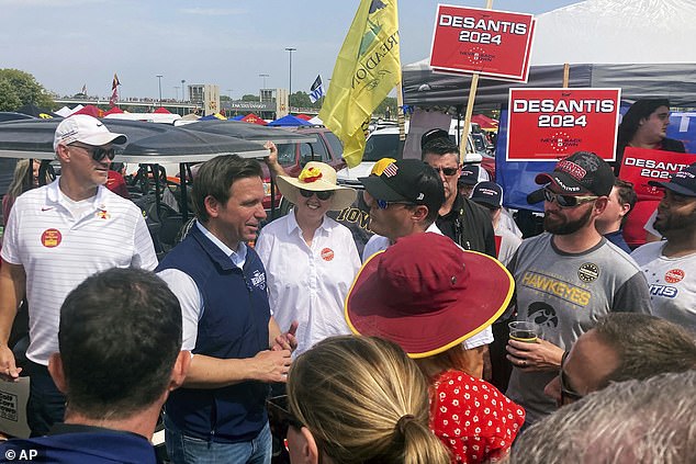 Republican presidential candidate Florida Governor Ron DeSantis greeted football fans before the NCAA Iowa-Iowa game