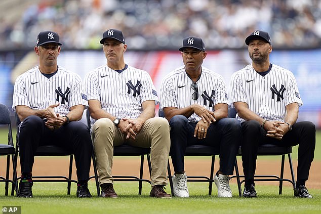 Yankees' Jorge Posada, left, Andy Pettitte, second from left, Mariano Rivera and Derek Jeter,