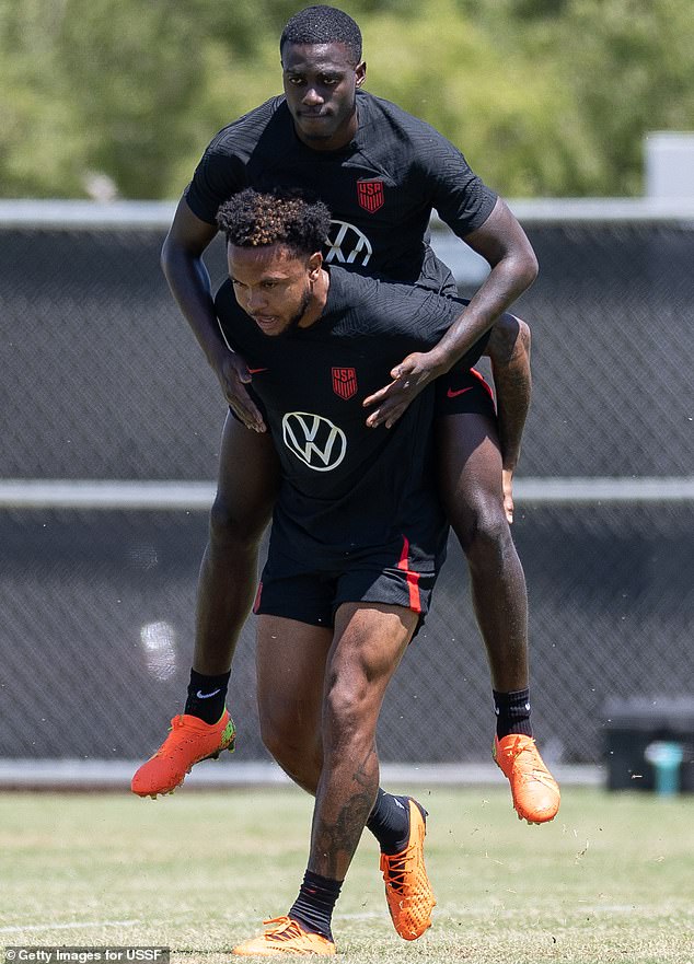 Weah and teammate Weston McKennie joke during a USMNT practice at Heritage Park in Henderson, Nevada, in June