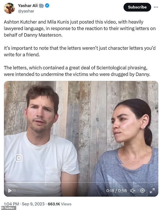 Slammed: Journalist Yashar Ali wrote on X/Twitter: 'It's important to note that the letters weren't just character letters you'd write for a friend.  The letters, which contained a lot of Scientological language, were intended to undermine the victims who had been drugged by Danny.