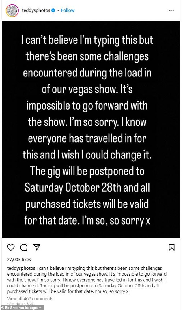 Apologies: However, the Grammy winner has written a statement saying: 'I can't believe I'm typing this, but we've encountered some challenges loading our Vegas show'