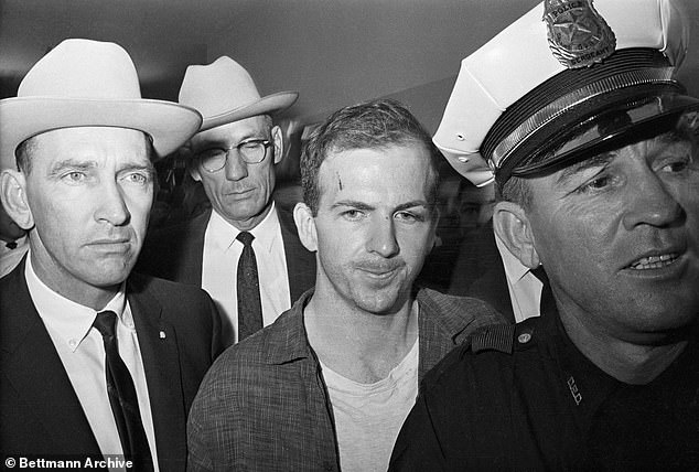 Lee Harvey Oswald is shown here after his arrest on November 22, 1963. He was shot dead two days later by Jack Ruby as he was being transferred from the police station to the jail.