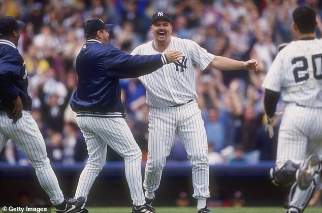 David Wells celebrates his perfect game against the Twins at Yankee Stadium in 1998