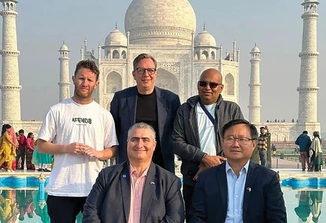 Victorian Labor MPs billed taxpayers $24,000 for a visit to India.  Lee Tarlamis (front left), Meng Heang Tak (front right), Dylan Wight (back left) and Matt Fregon (back centre) are pictured in the world famous Taj Mahal