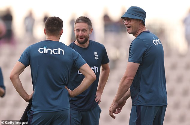 Stuart Broad has insisted Flintoff (right) is in 'good form' as the former cricketer shares a joke with Chris Woakes and Mark Wood