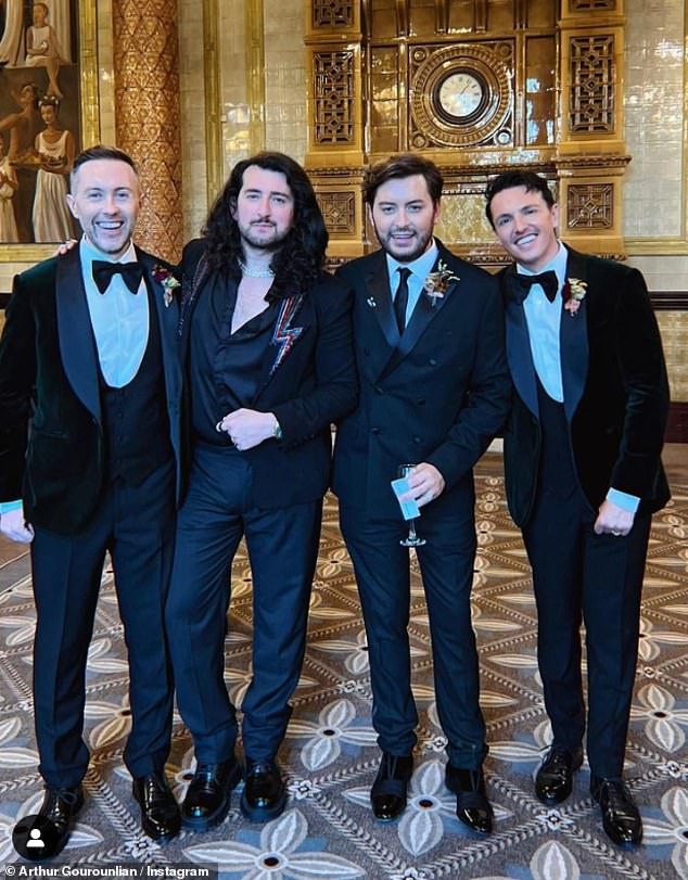 The PR star (right) married his partner Rich (left) at The Royal Horseguards Hotel and One Whitehall Place on Saturday (pictured with Arthur Gourounlian and Brian Dowling)