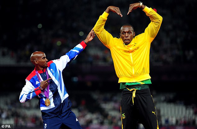 Farah celebrates his gold in the 5,000 meters in London together with another star of those Games in Usain Bolt