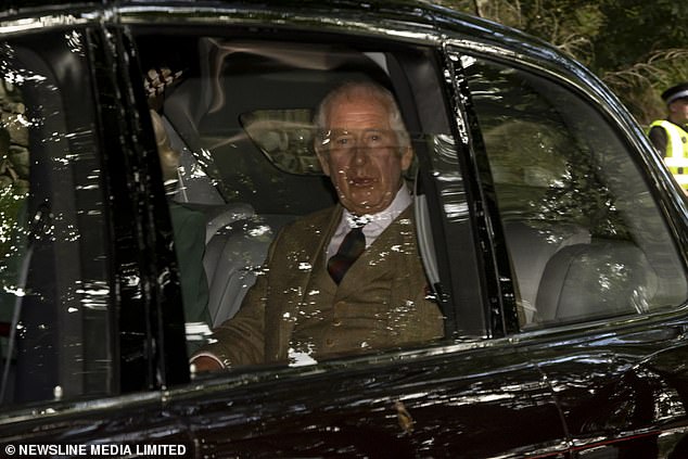 Charles and Camilla appeared in good spirits as they left the Balmoral Estate in Aberdeenshire, Scotland, to head to the Crathie Kirk on Sunday morning