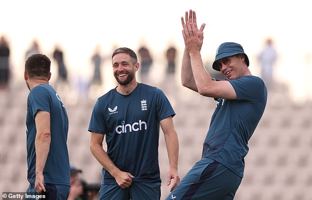 Broad said Flintoff would have inspired current England players (jokingly seen with Chris Woakes and Mark Wood)